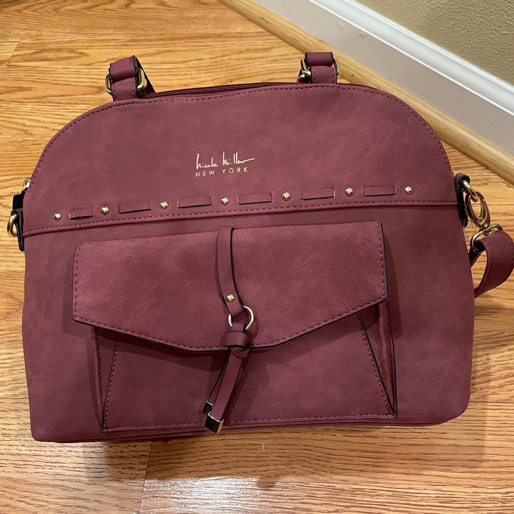 NWT Nicole Miller Light Wine-colored Studded Faux Suede Dome Purse